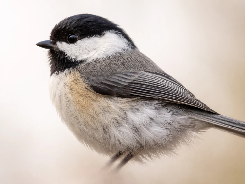 Profile view of a small bird showing soft down feathers beneath visible outer contour feathers.