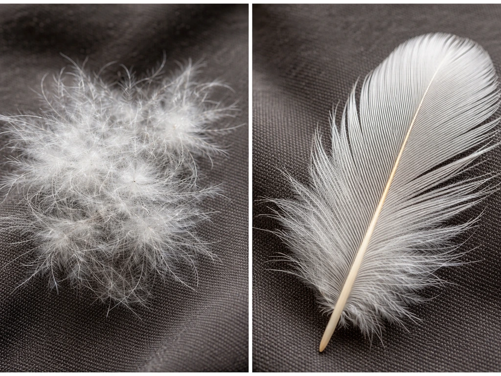 Macro side-by-side feathers: fluffy down on one side and structured contour feathers on the other.