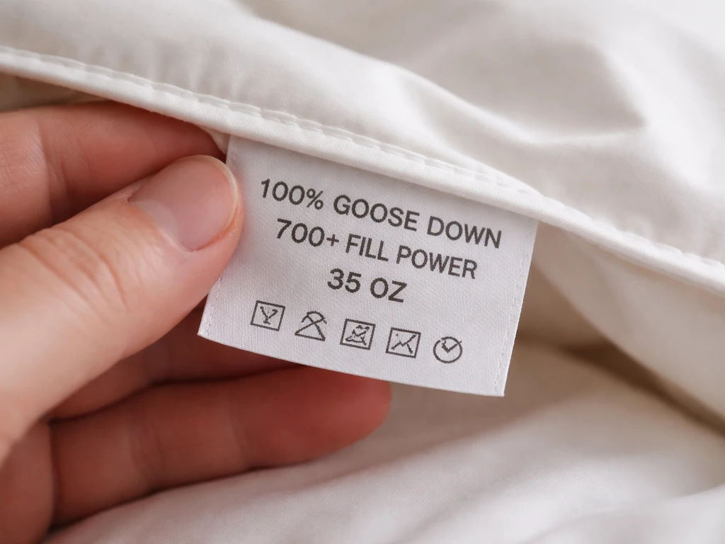 Close-up of a down comforter’s care/label tag with goose/duck and fill power details visible but not branded.