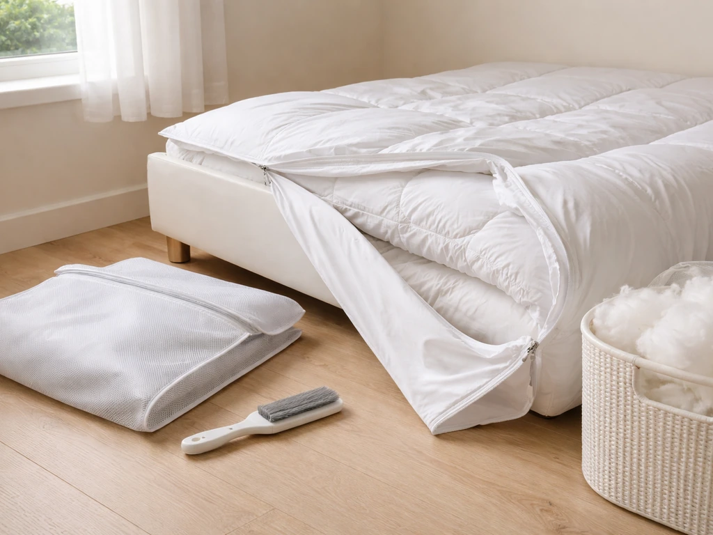 Down duvet on a bed with removable protective cover and cleaning tools in a minimal, bright room.