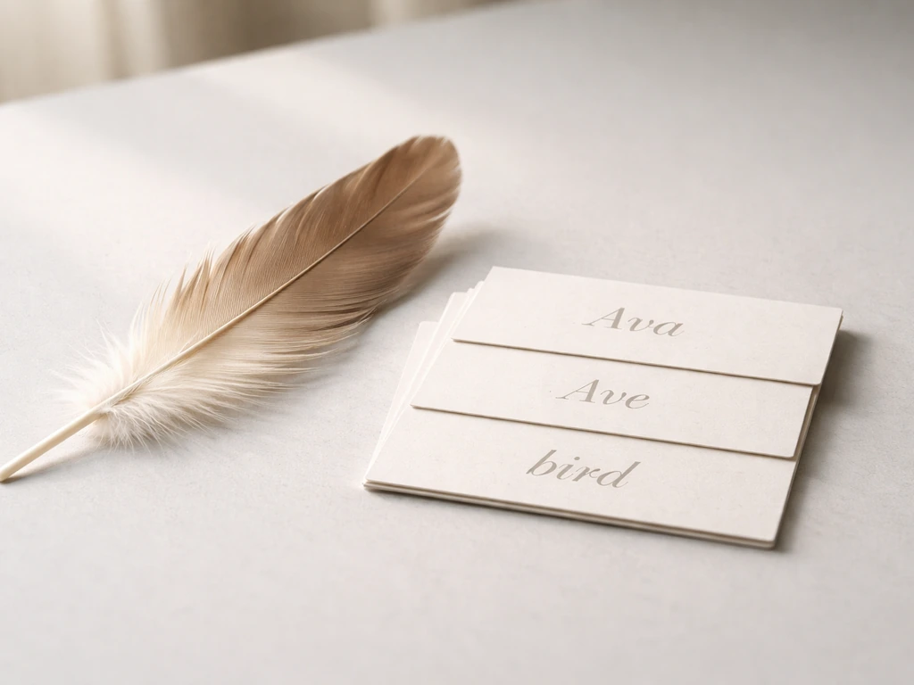 Close-up of an elegant bird feather beside small labeled cards suggesting “ava bird meaning.”