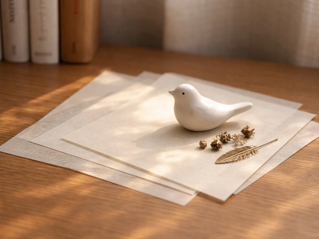 Layered translucent papers on a wooden desk with a small bird figurine and feather charm.