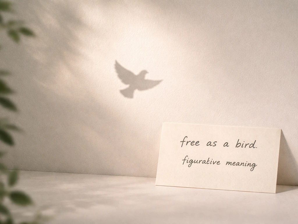 Minimal scene with a dove silhouette shadow and a small note card showing idioms like “free as a bird”