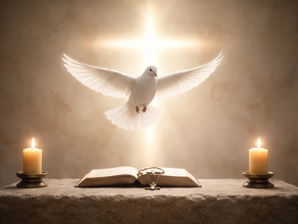 A white dove hovering over a soft cross glow, with a subtle Latin “Ave” motif in the background