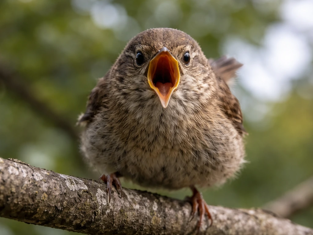 Close-up of a wild bird perched on a branch with beak open as if screaming, blurred natural background.