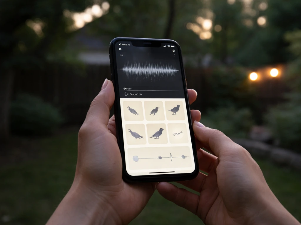 Person holding a smartphone showing a bird sound identification screen in a quiet outdoor yard.