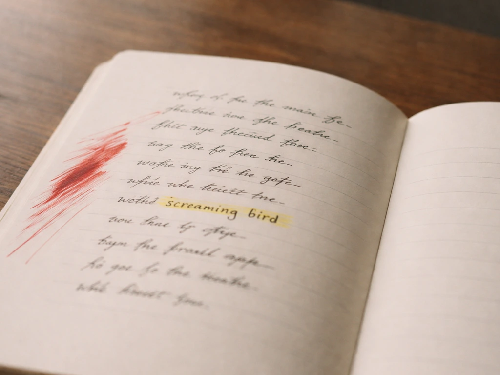 Open poetry book on a wooden table with a highlighted “screaming bird” phrase and urgency cues.