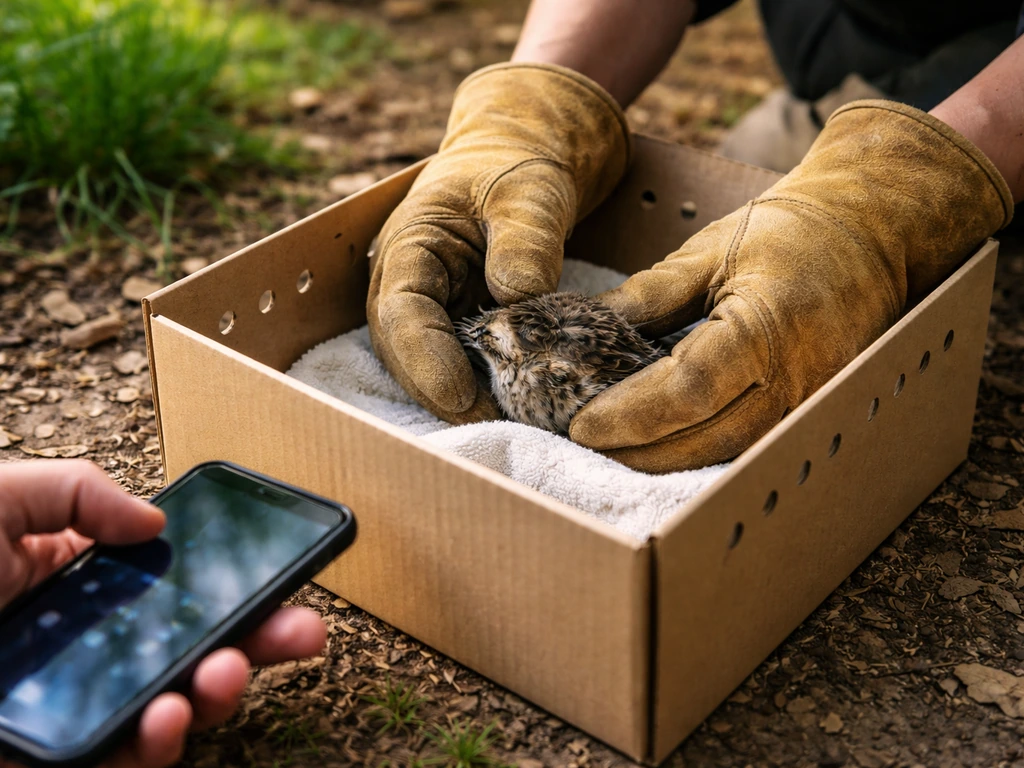 Gloved person carefully placing an injured small bird into a ventilated recovery box outdoors