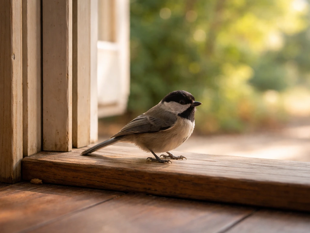 A small newly spotted bird perched near a bright doorway, suggesting a first/novel sighting.