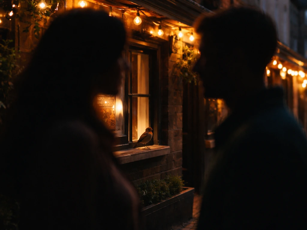 Warm pub street at dusk with two anonymous silhouettes facing each other and a small bird nearby.