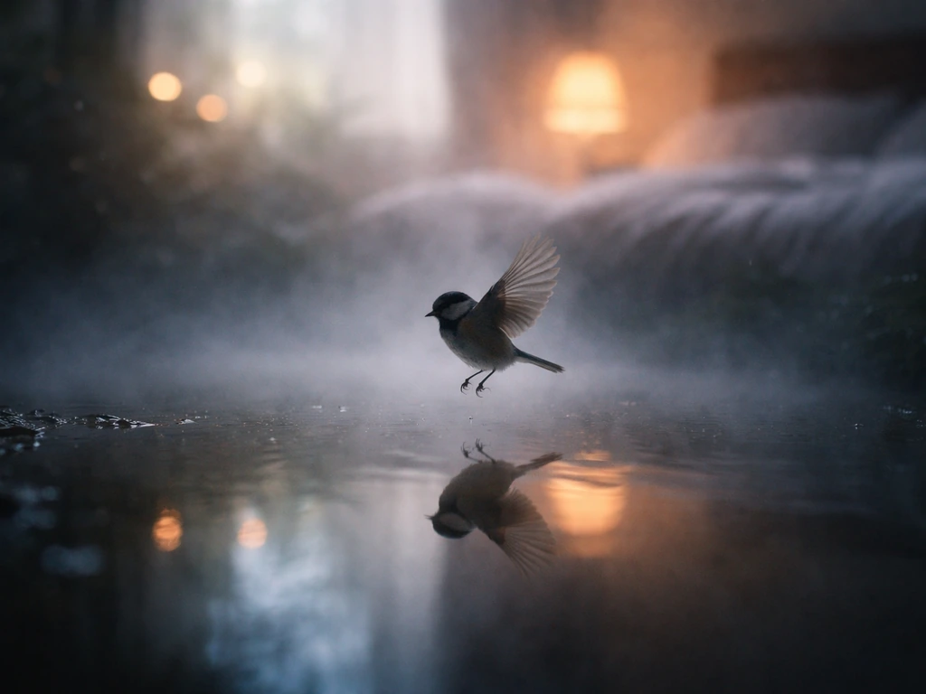 A small bird hovering above a misty pond with its reflection, evoking a dreamlike bedroom glow