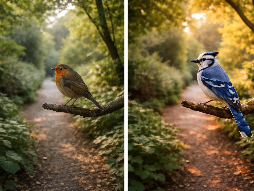 Side-by-side view of the same garden branch: a familiar robin on one side, a new blue bird on the other.