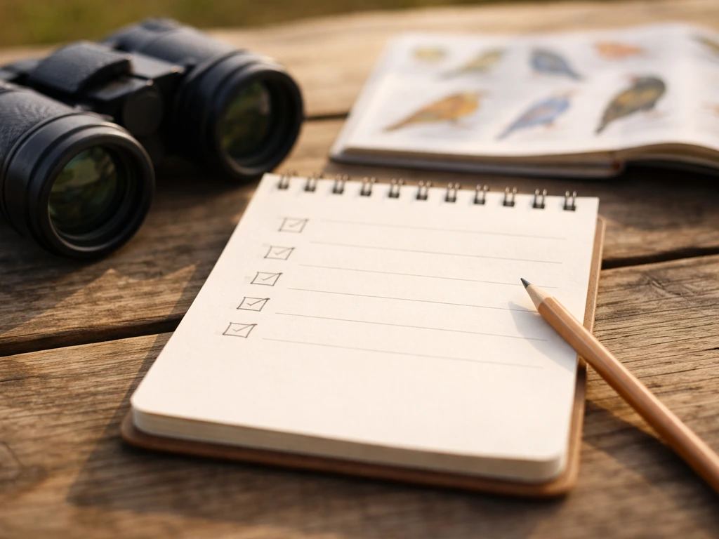 Close-up of binoculars beside an open bird field notebook and photo guide on a wooden surface.
