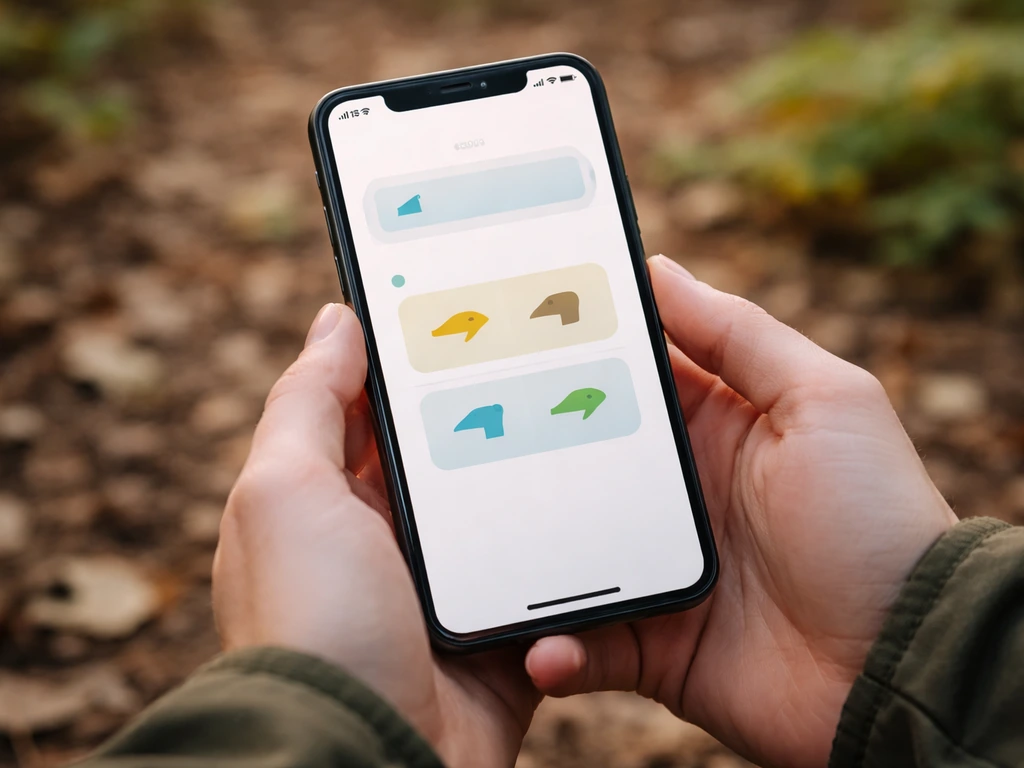 Hand holding a smartphone showing a bird ID app flow for location, date, and observed traits