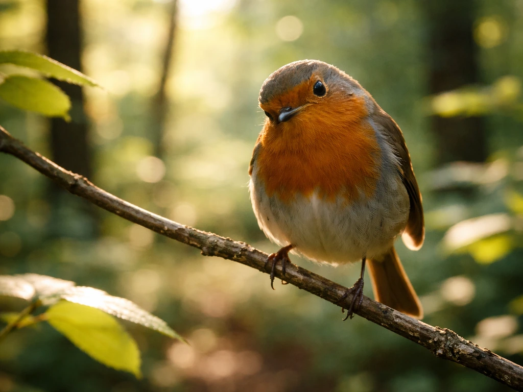 Vivid songbird perched in soft woodland light, alert and expressive, suggesting symbolic emotion