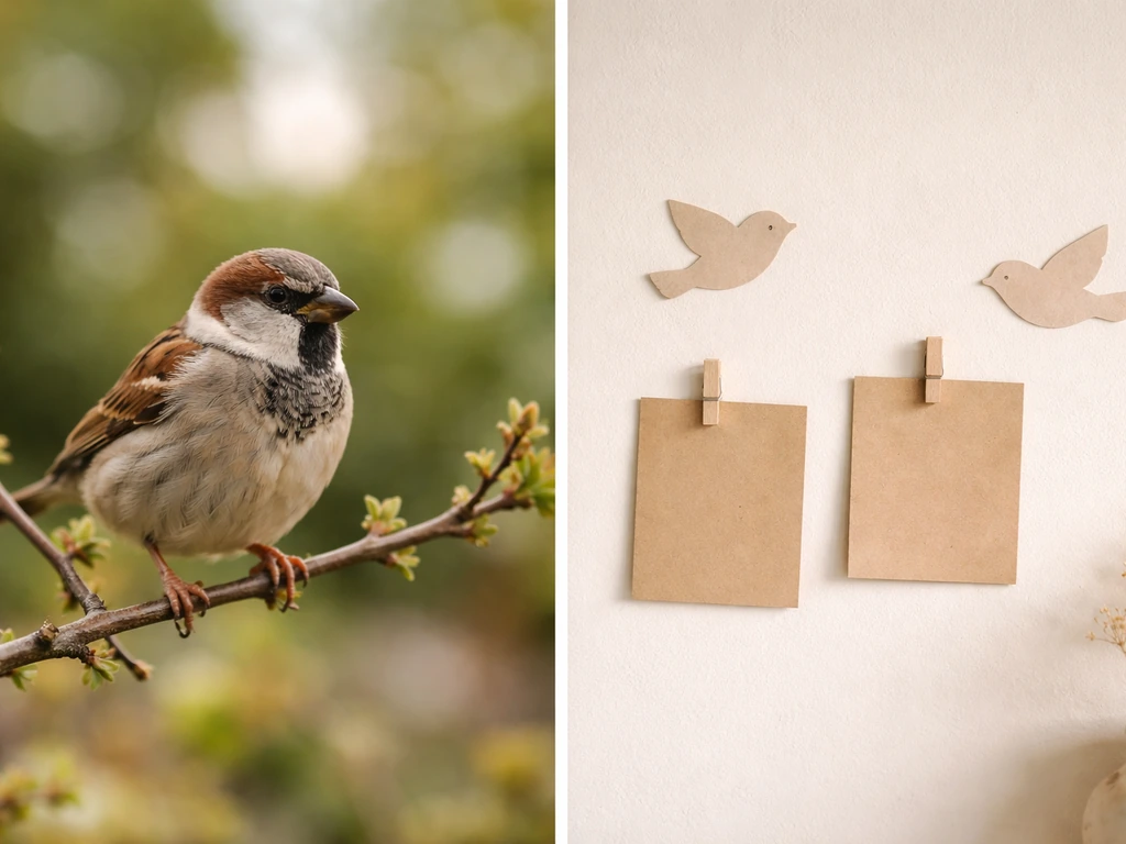 Close-up of a perched bird next to empty wall cards suggesting figurative “feelings” language.