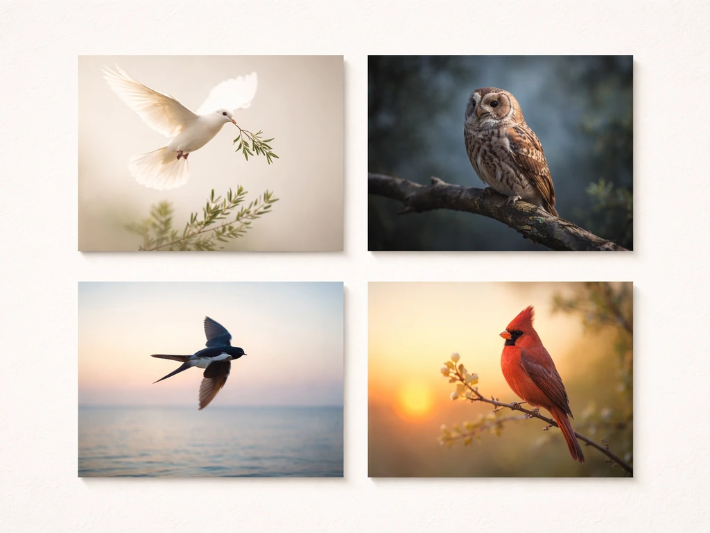 Four minimalist photo panels of birds symbolizing peace, wisdom, hope, and vitality, shown without text.