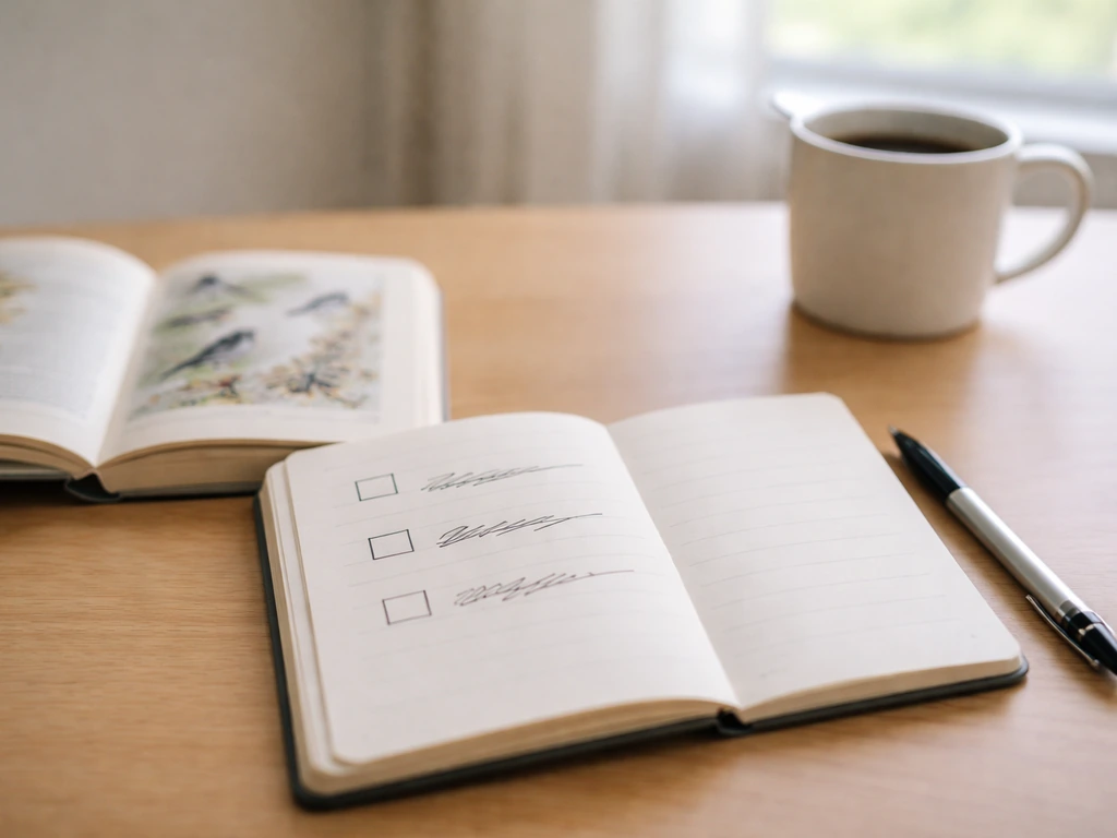 Minimal desk with an open notebook and pen, plus a bird guide book in natural light.