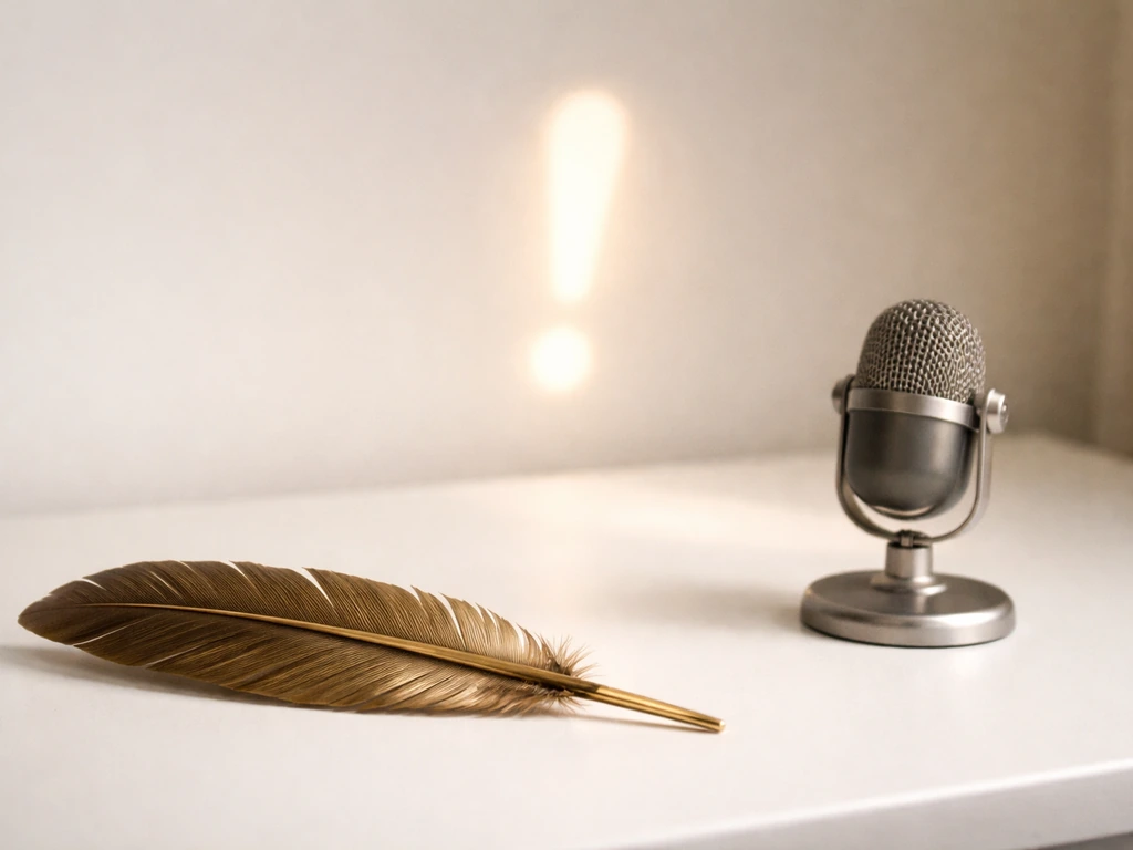 A bronze feather beside a small vintage microphone with subtle exclamation-shaped light, symbolizing interjection and bi