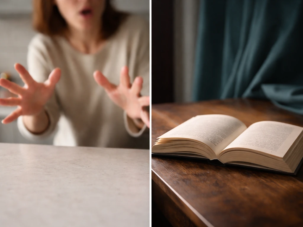 Minimal split-screen of shocked interjection and a book title vibe using two anonymous scenes
