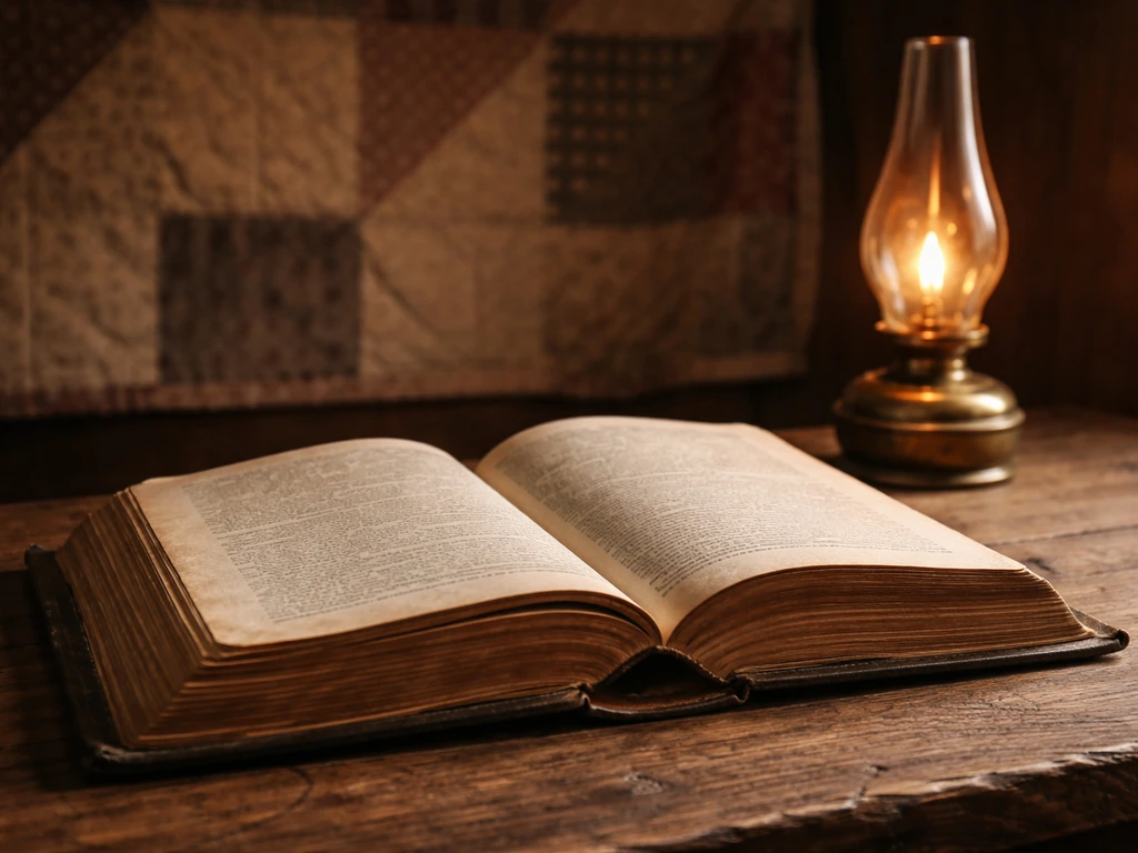Open hardcover novel on a wooden desk with warm light and subtle 1850s atmosphere in the background.