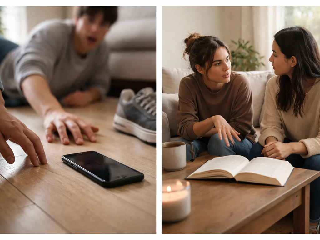 Split-view scene: one shows a phone drop shock moment; the other shows conversation with an open unreadable book.