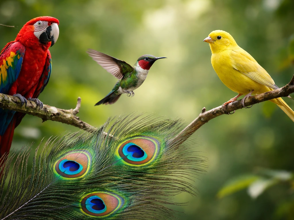 Composite of peacock feather, hummingbird, canary, and parrot symbols representing beautiful bird meaning