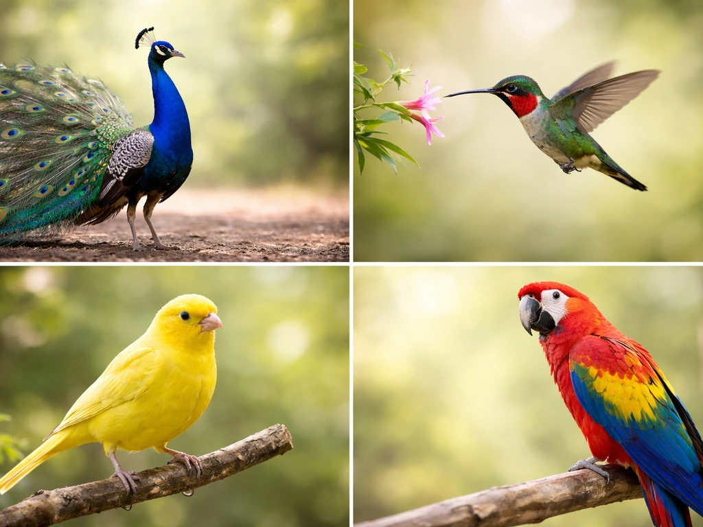 Four different birds—peacock, hummingbird, canary, and parrot—clearly separated with blurred natural background.