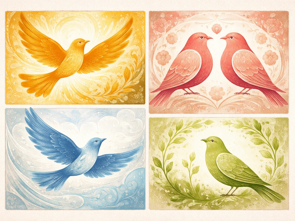Minimal collage of stylized birds and symbols representing joy, love, freedom, and renewal across cultures