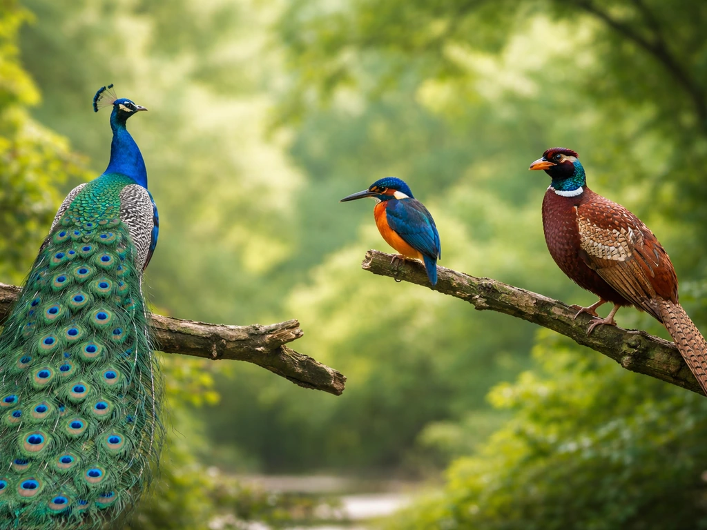 Peacock, kingfisher, and pheasant perched on branches in soft outdoor light, minimal background.
