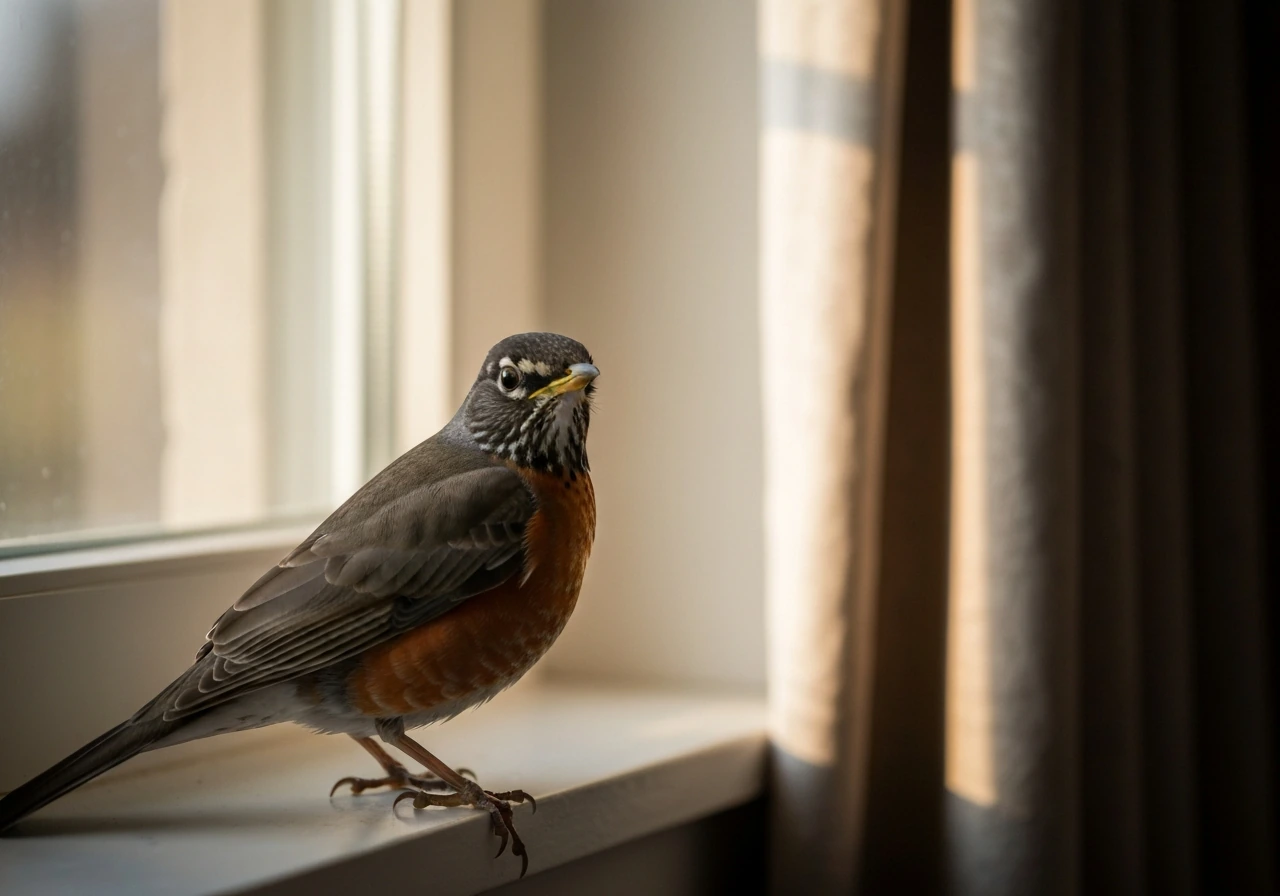 An American robin perched by a window in soft morning light, creating a calm, reassuring mood.