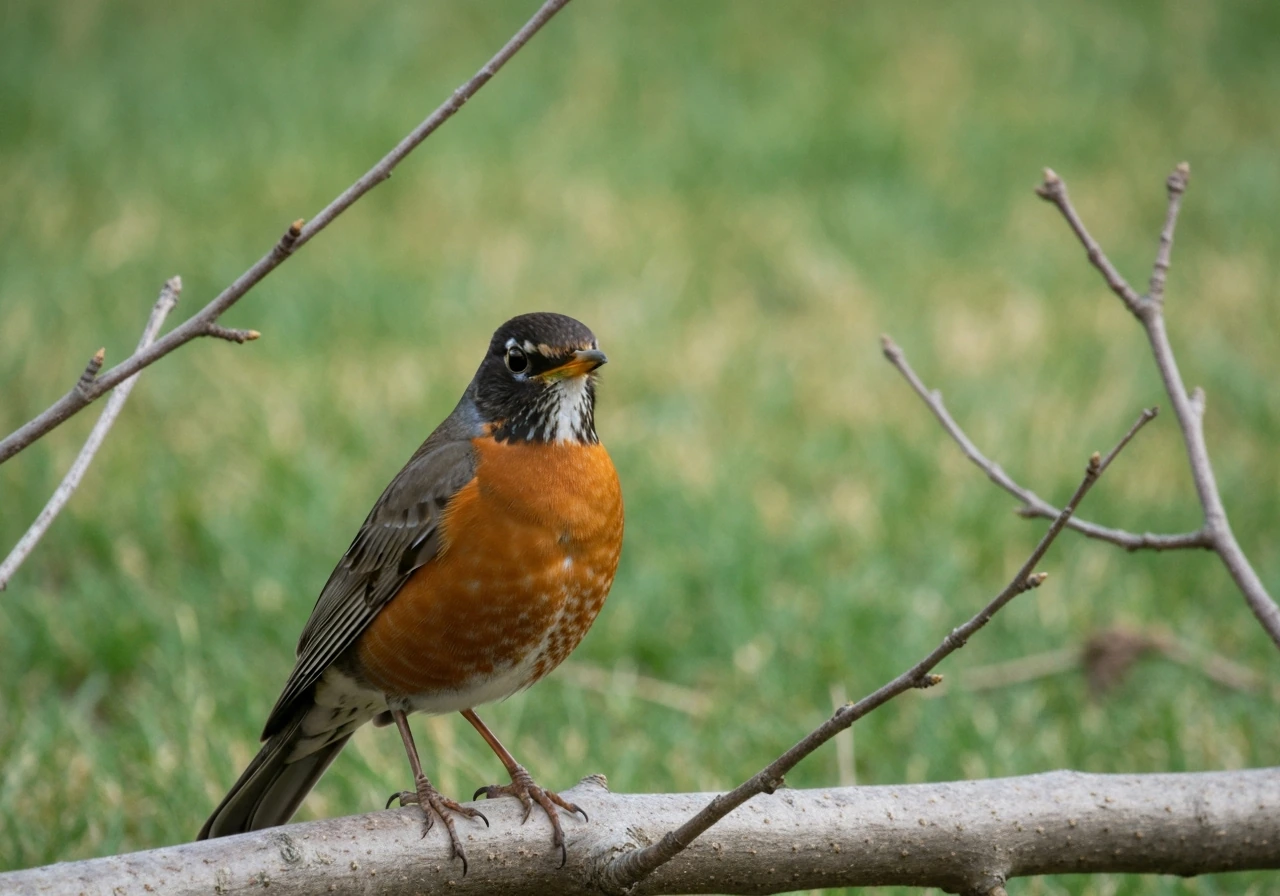American robin perched on a low branch, reddish-orange breast visible against a simple yard background.