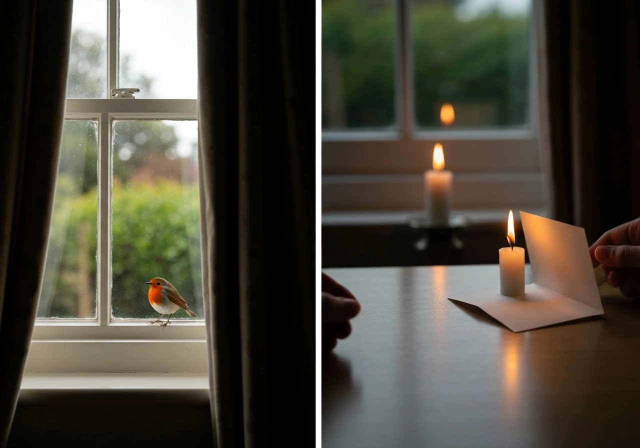 Two-part scene: a robin outside a window, and a quiet indoor moment with a candle and folded note.