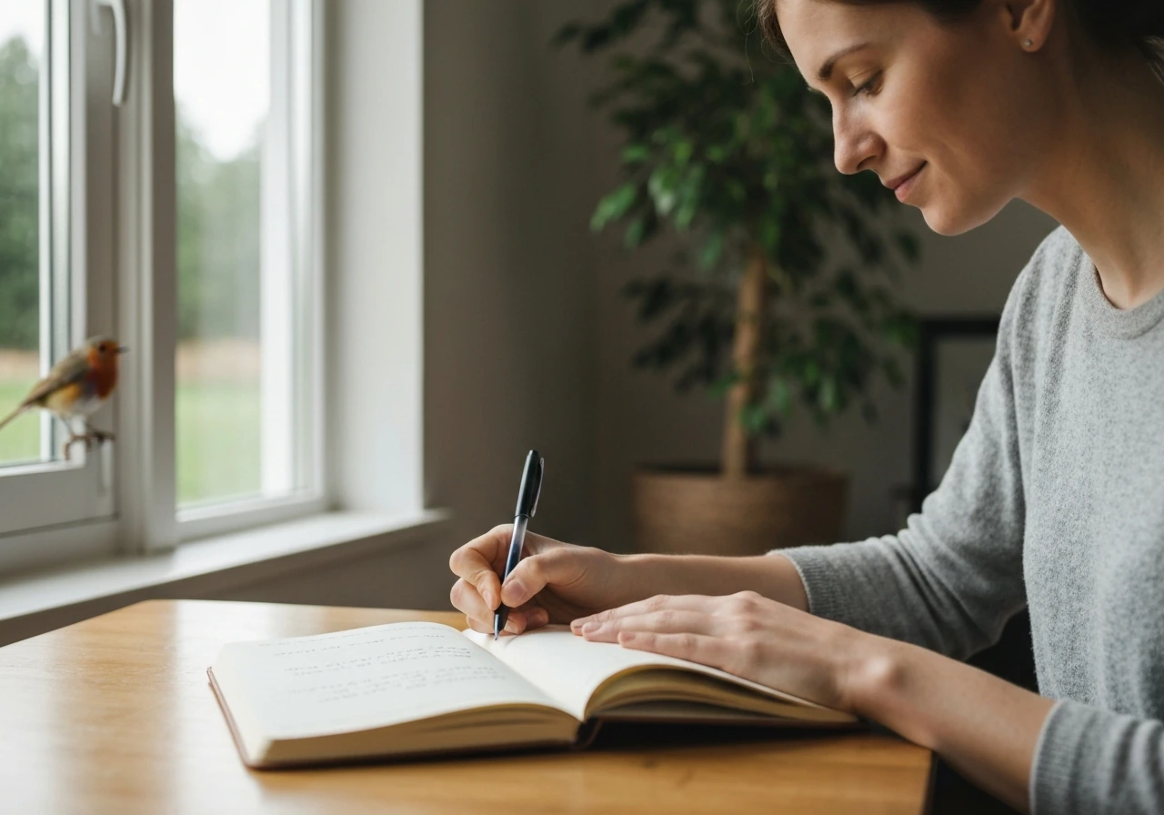 Person writing a short message in a journal by a window after seeing a robin