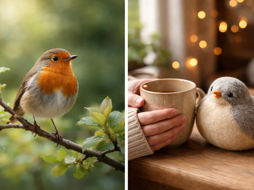 A split image: a garden robin on one side and a warm affectionate “bird” vibe on the other.