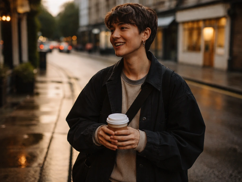Person on a quiet London street laughing with a friend, showing casual everyday conversation vibe