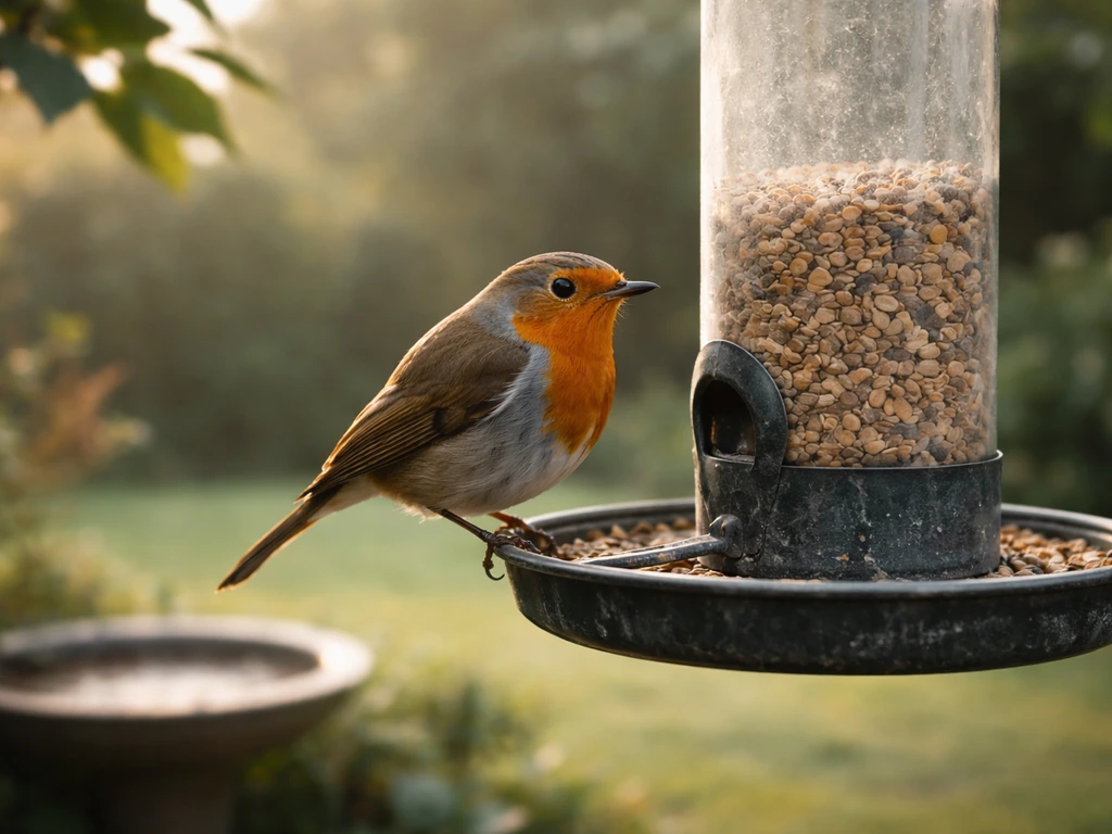 Close-up of a garden bird perched on a bird feeder with a bird bath blurred in the background.