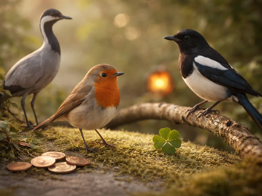 Multiple small birds perched around subtle lucky symbols like coins and a four-leaf clover