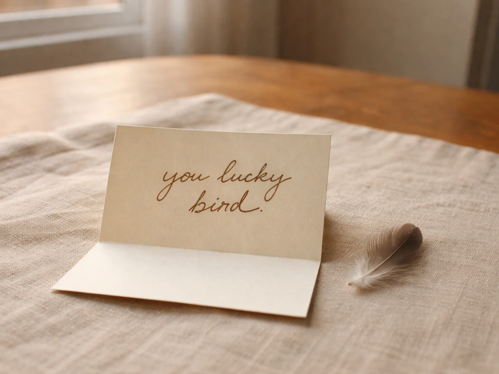 Warm handwritten “you lucky bird” card beside a small bird feather on a kitchen table.
