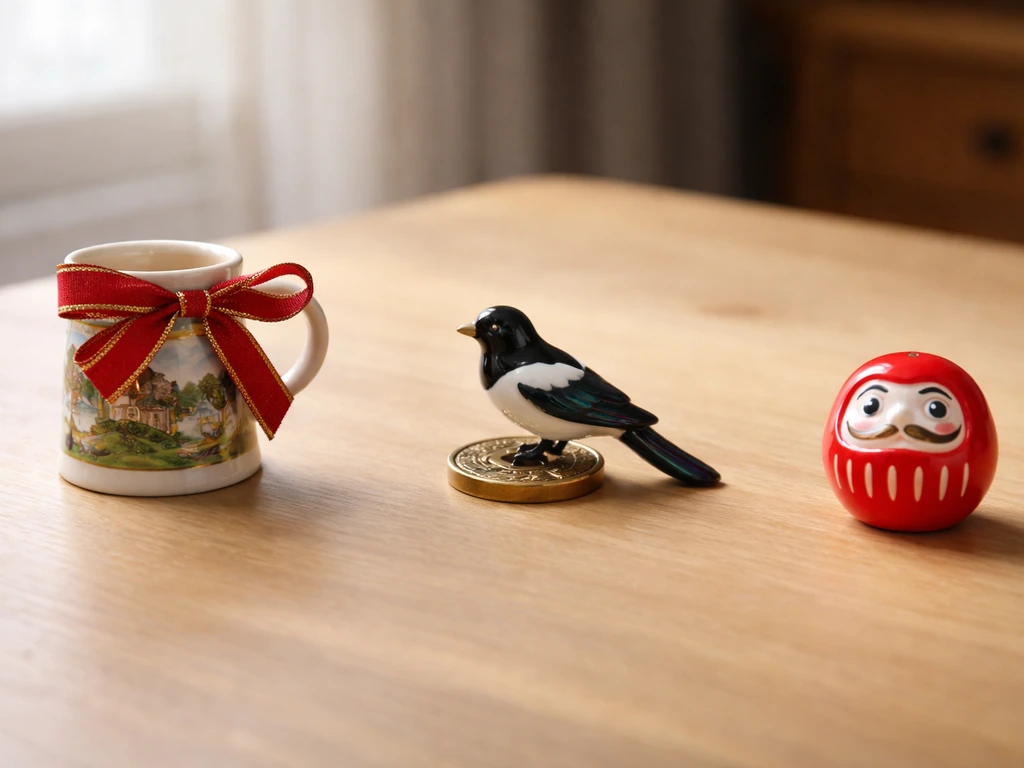 Minimal photo-style scene with three contrasting regional luck symbols representing UK, East Asia, and Japan.