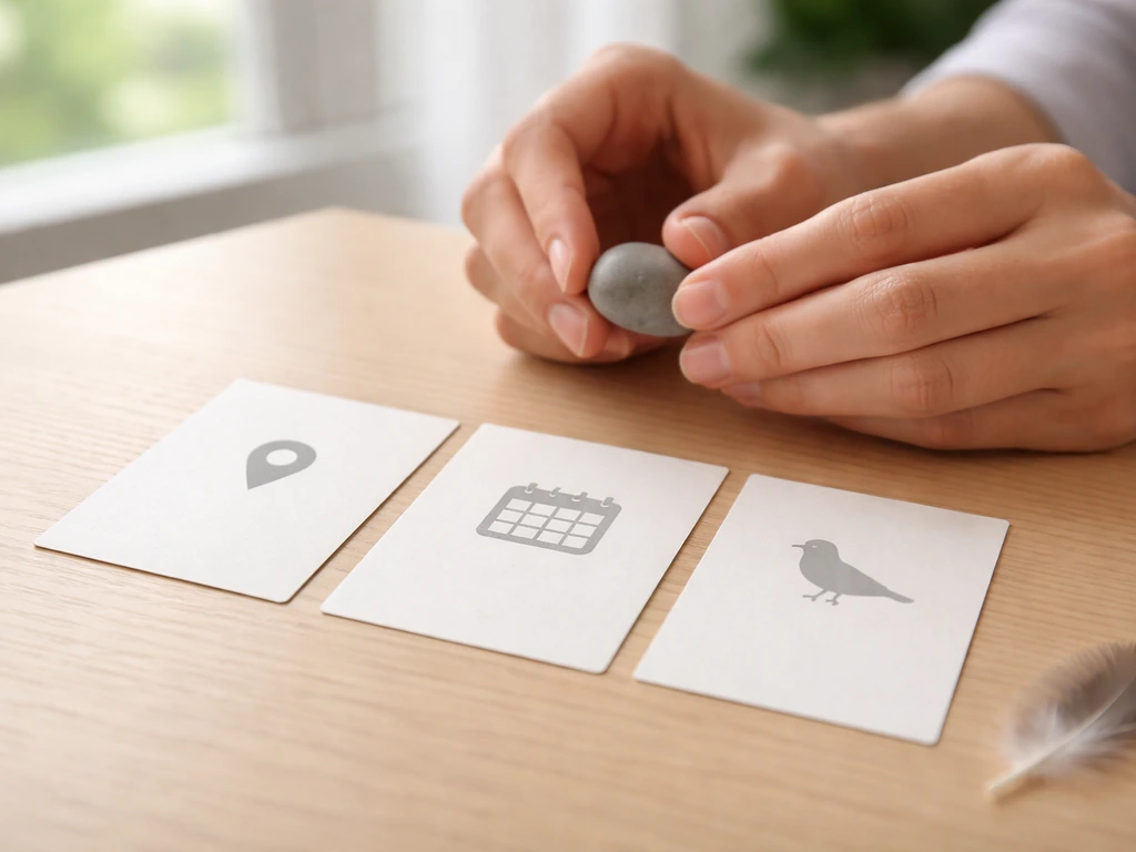 Hands marking simple icon cards on a wooden desk with a feather nearby, under natural window light.
