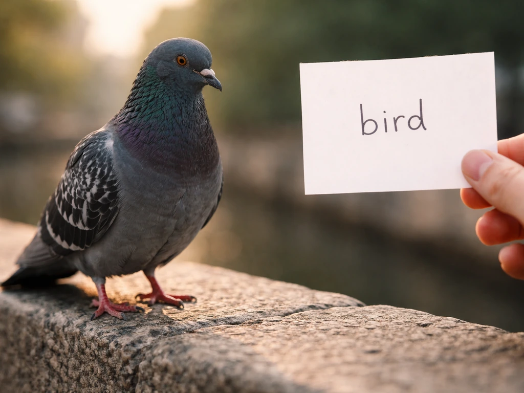 A pigeon perched on a wall beside a small note implying “bird” slang meaning.