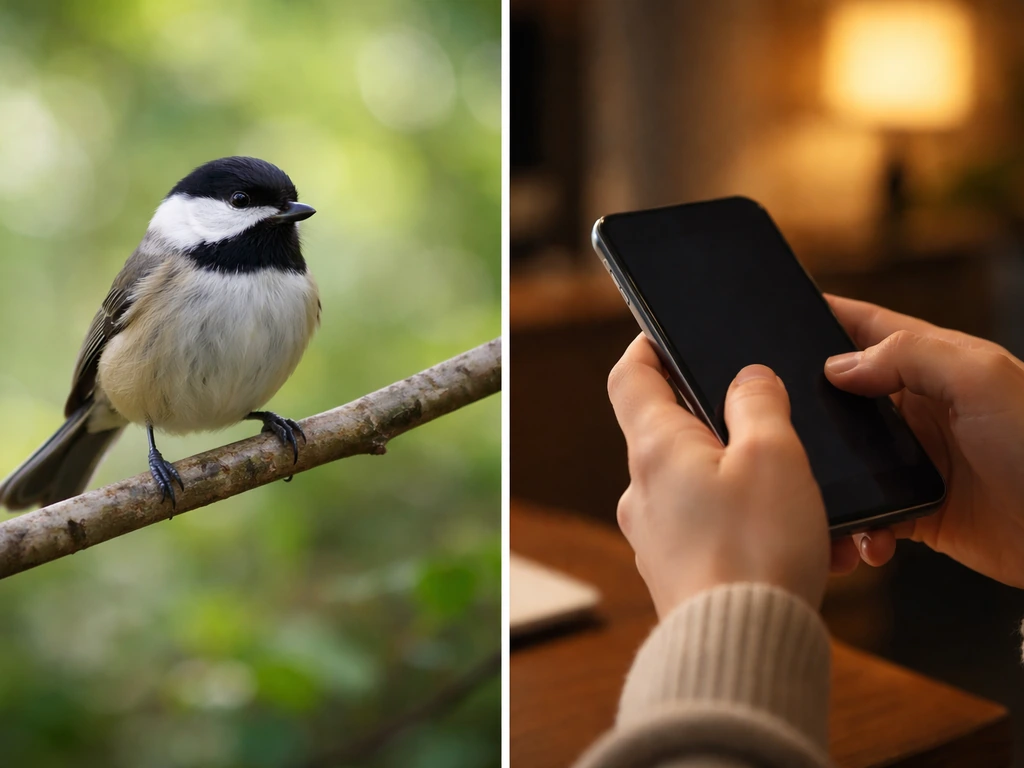 Left: a small bird perched outdoors; right: a person’s phone in the evening with “my bird” slang vibe (no readable text)