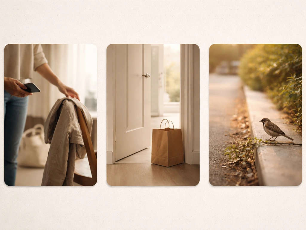 Three minimal photo-style cards: interior for slang context and an outdoor sparrow for literal bird spotting.
