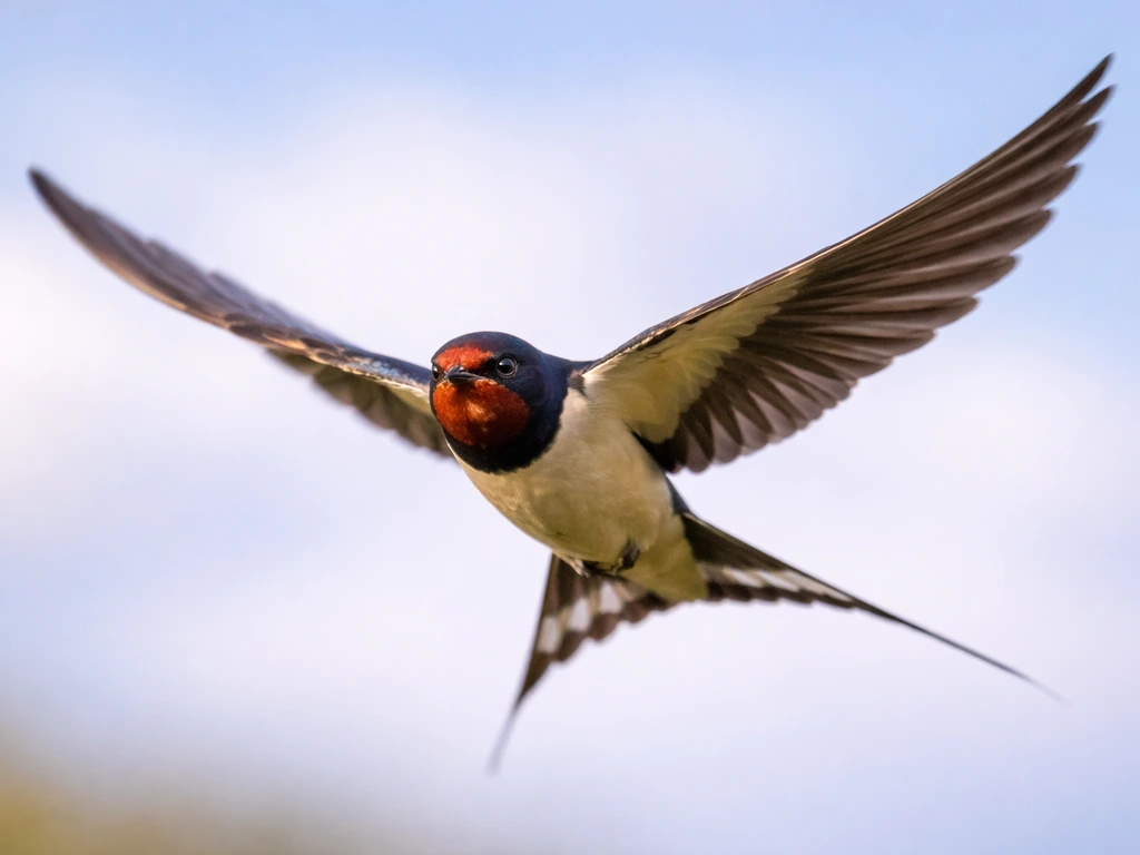 Barn swallow in sharp focus mid-flight with wings outstretched against a softly blurred sky