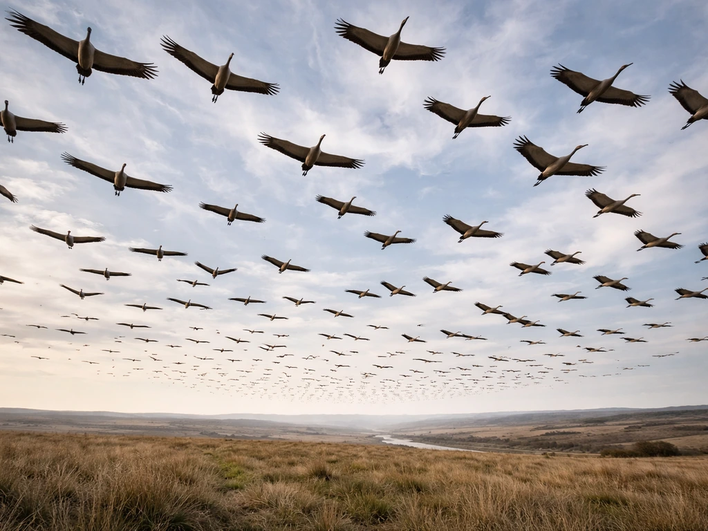 Sandhill cranes flying in a dramatic V-shaped migration over an open Nebraska-style spring landscape.