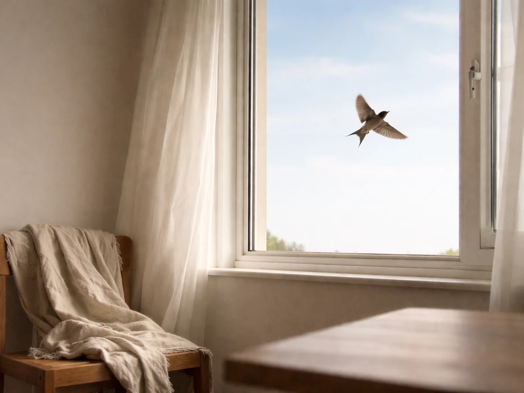 A migratory bird in flight near an open window, with a cozy everyday room suggesting “wanderer” vibes.