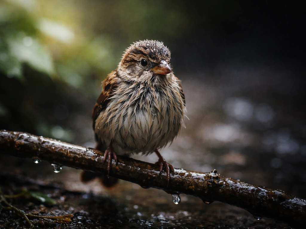 Soaked small bird perched on a wet branch outdoors, raindrops visible, moody background contrast.