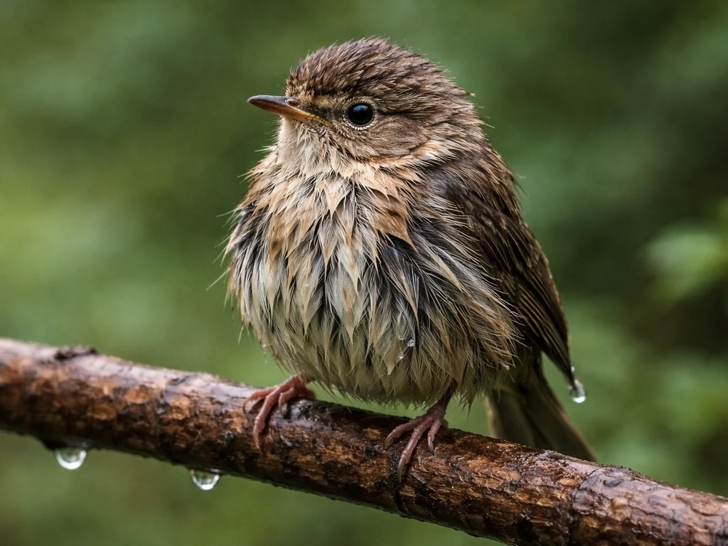 A small bird perched on a branch with visibly soaked, water-saturated feathers and droplets on its plumage.