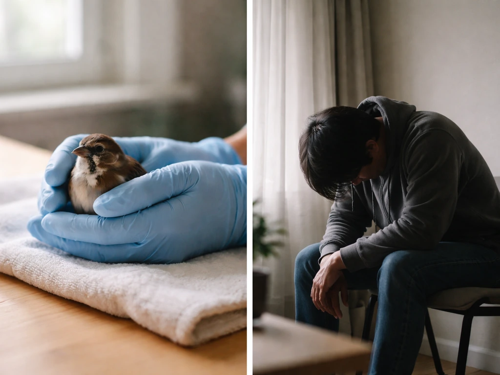 Two split-photo frames: a bird care setting and a dejected person slumped on a chair.